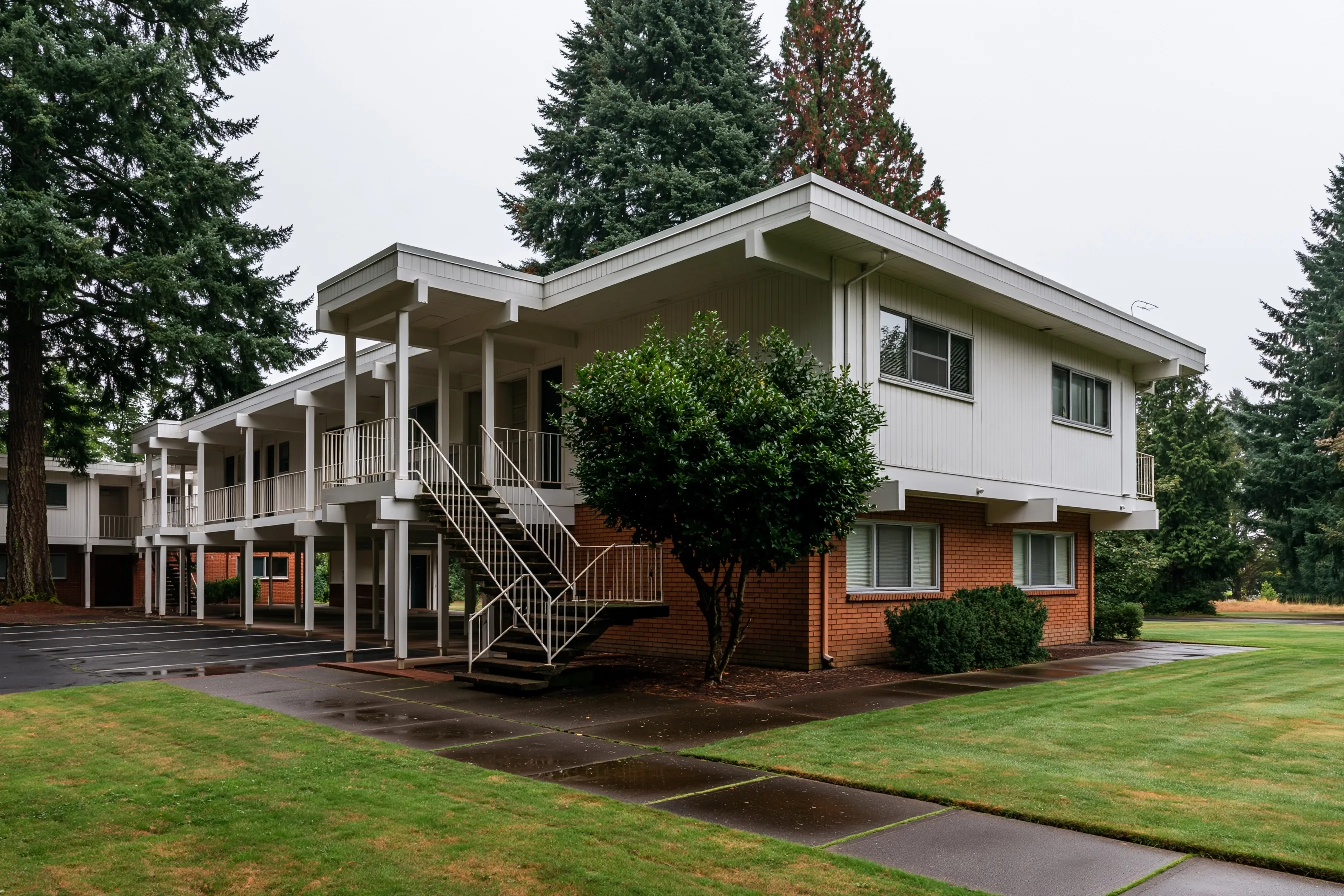 Two-story 1960s garden apartment building with exterior walkways, white siding and brick, under an overcast sky