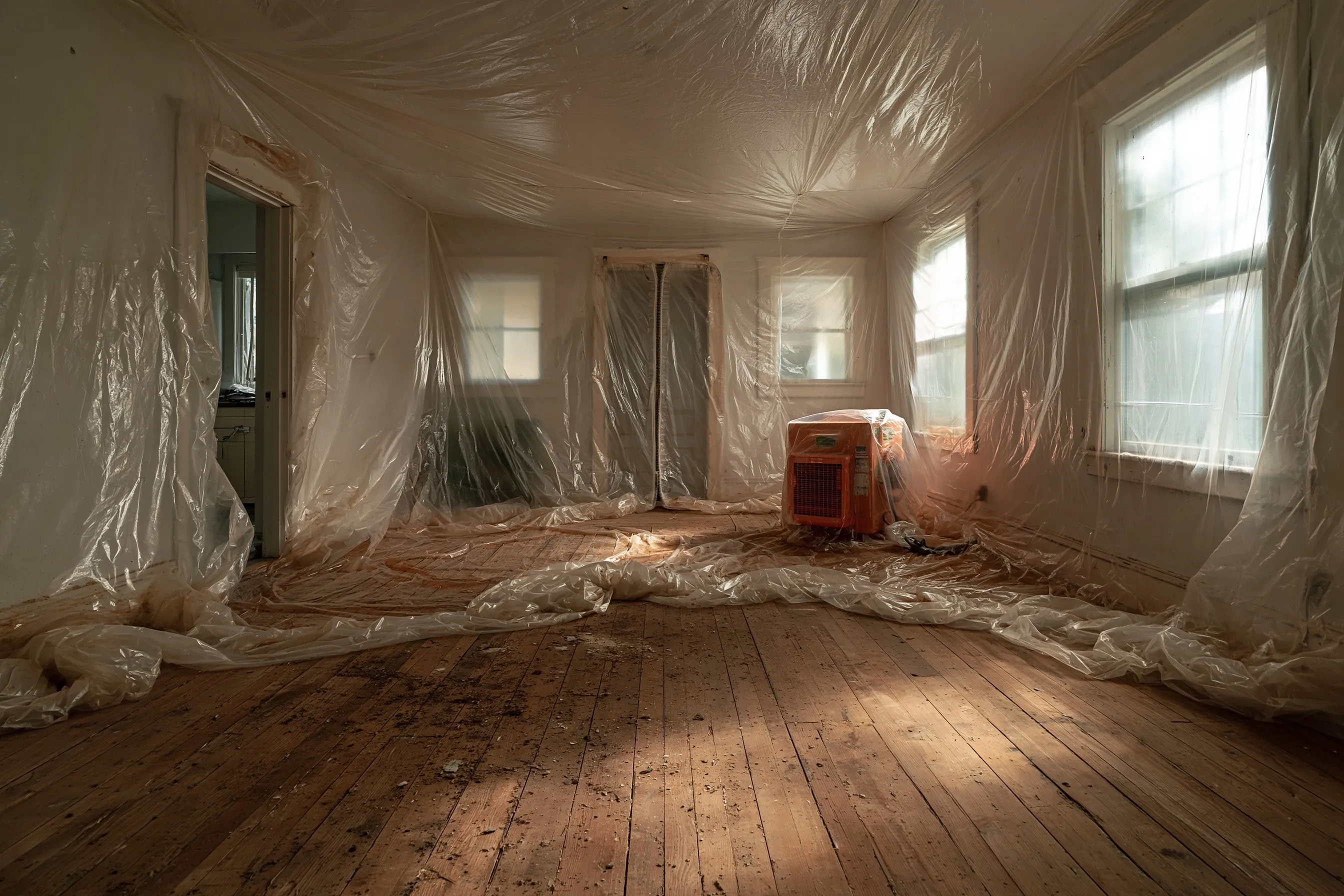 Empty room with plastic sheeting hung over the walls, windows and ceiling, loose plastic on a bare wood floor and an air unit by the window